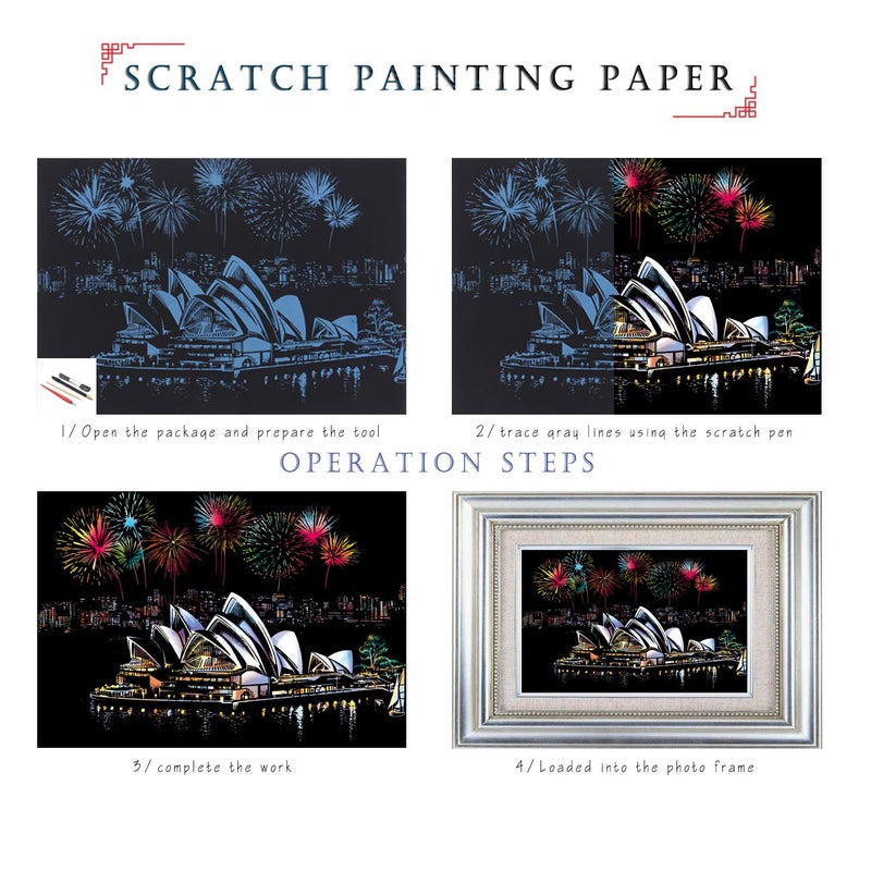 BOTEEN Rainbow Scratch Painting Paper by BOTEEN,City Series Night Scene,Scratch Painting Creative Gift,Scratchboard for Adult and Kids,with 4 Tools,Size:16''x11'' (Sydney Opera House) - Image 3